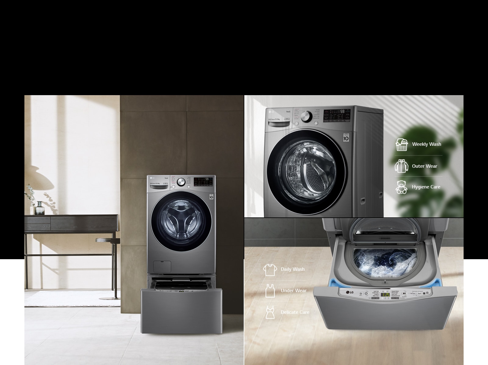 A collage of images showcasing the TWINWash Mini Compatible washer in a modern style home. Images show the front of the washer with door closed and two images show the bottom drawer open.