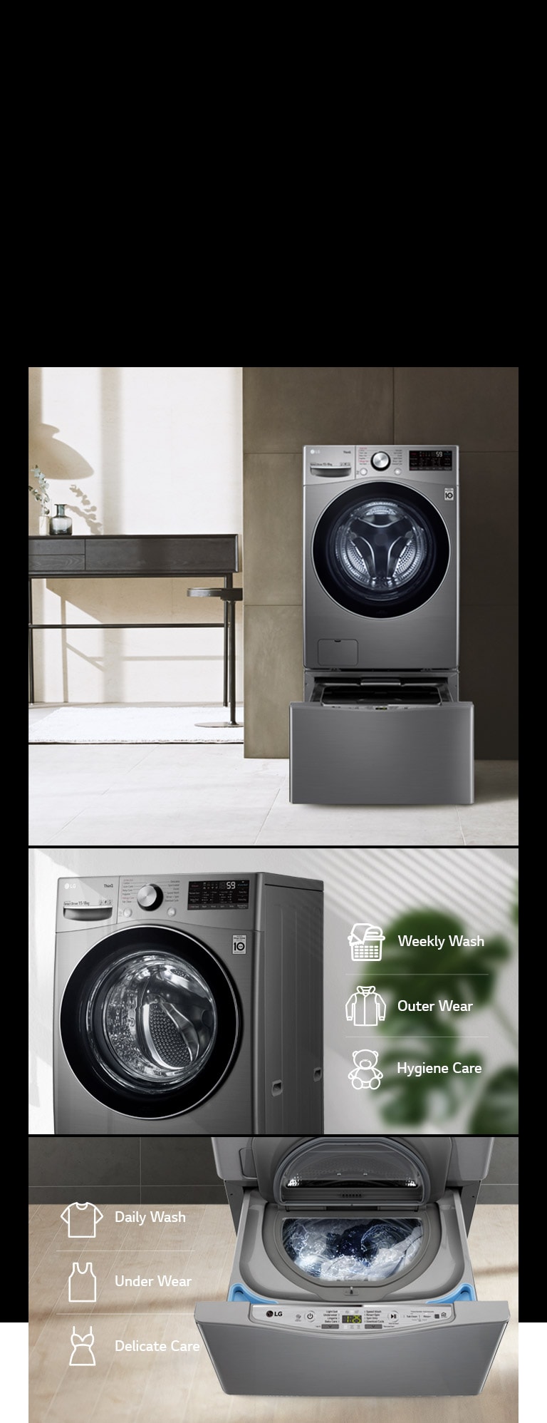 A collage of images showcasing the TWINWash Mini Compatible washer in a modern style home. Images show the front of the washer with door closed and two images show the bottom drawer open.