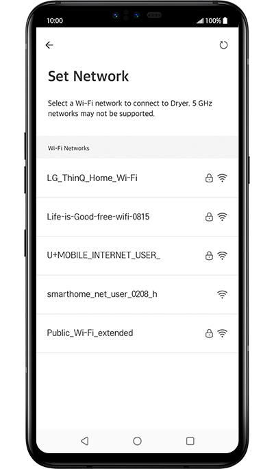Fifth step of how to use the LG ThinQ app and register the product. Demonstation of how user can select appliance's Wi-Fi through the ThinQ app.