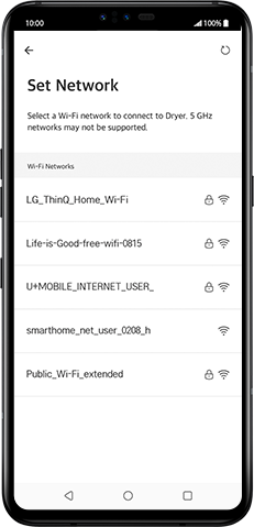 Fifth step of how to use the LG ThinQ app and register the product. Demonstation of how user can select appliance's Wi-Fi through the ThinQ app.