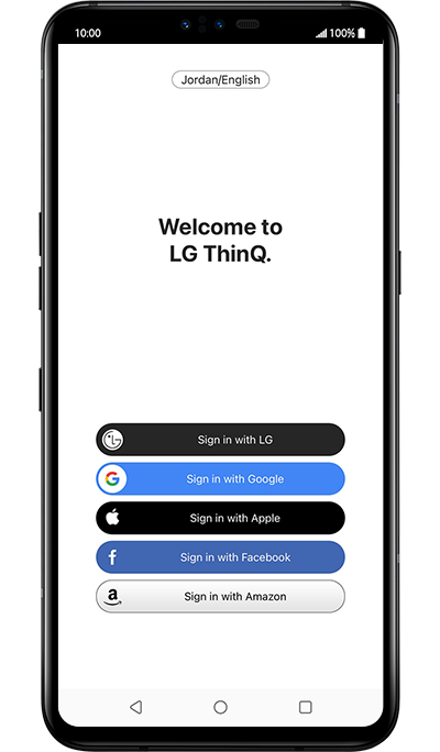 First step of how to use the LG ThinQ app and register the product.The greeting UI of LG ThinQ app when user open the app.