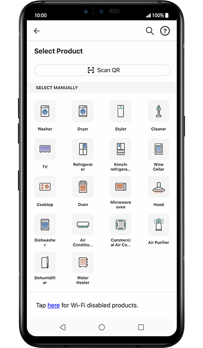 Third step of how to use the LG ThinQ app and register the product. There is a product list that user select a product want to register on the app.