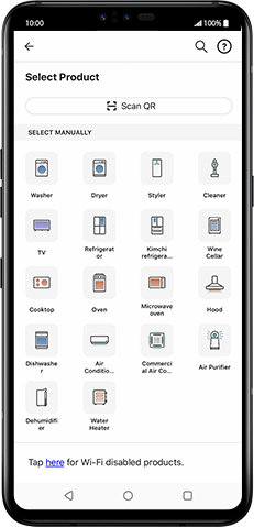 Third step of how to use the LG ThinQ app and register the product. There is a product list that user select a product want to register on the app.
