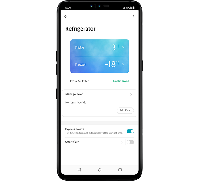 LG ThinQ app UI that shows LG refrigerator is on express freeze mode and current temperature of fridge and freezer.