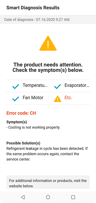 LG ThinQ UI shows smart diagnosis and its result in which a washer has issues on water level and temperature.