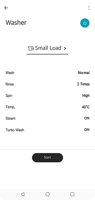 LG ThinQ app UI that shows LG washer is on standby and the wash cycle for cotton was set.