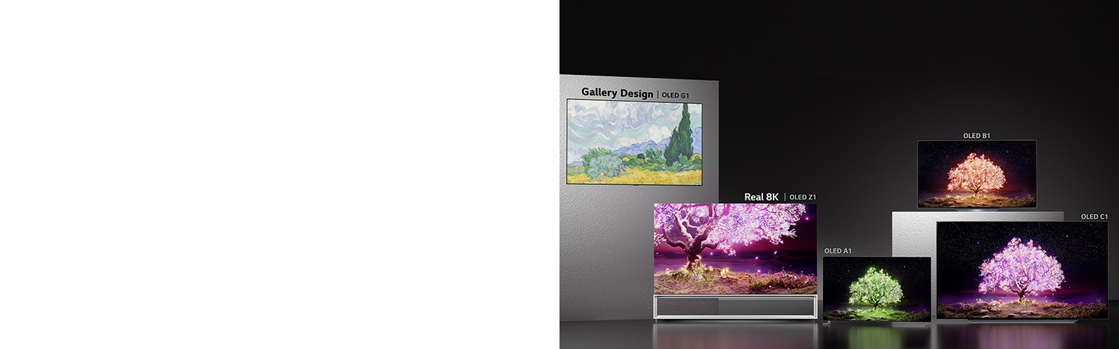 The Gallery Design OLED G1, Real 8K OLED Z1, OLED A1, OLED B1, and OLED C1 TVs arranged in front of a dark backdrop.