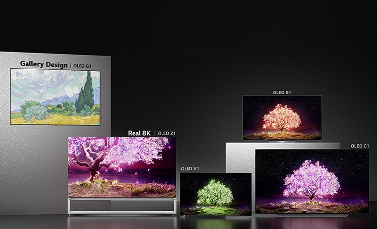 The Gallery Design OLED G1, Real 8K OLED Z1, OLED A1, OLED B1, and OLED C1 TVs arranged in front of a dark backdrop.