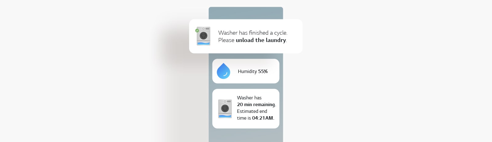 Image shows a screen displaying status updates of the washer in the LG ThinQ app.