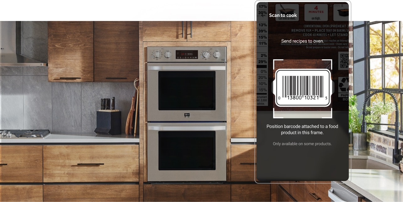 Image shows an oven next to an LG ThinQ app screen displaying a barcode and barcode scanner.