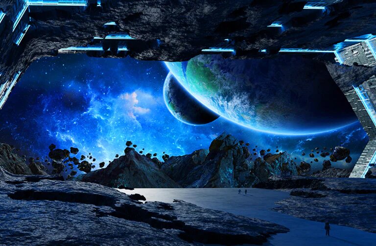 A rocky space scene with a large planet appearing from the top right hand corner of the screen.
