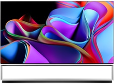 تلفزيون LG OLED Z3 مثبت على حامل بقاعدة أرضية يعرض صورة تجريدية ملونة.